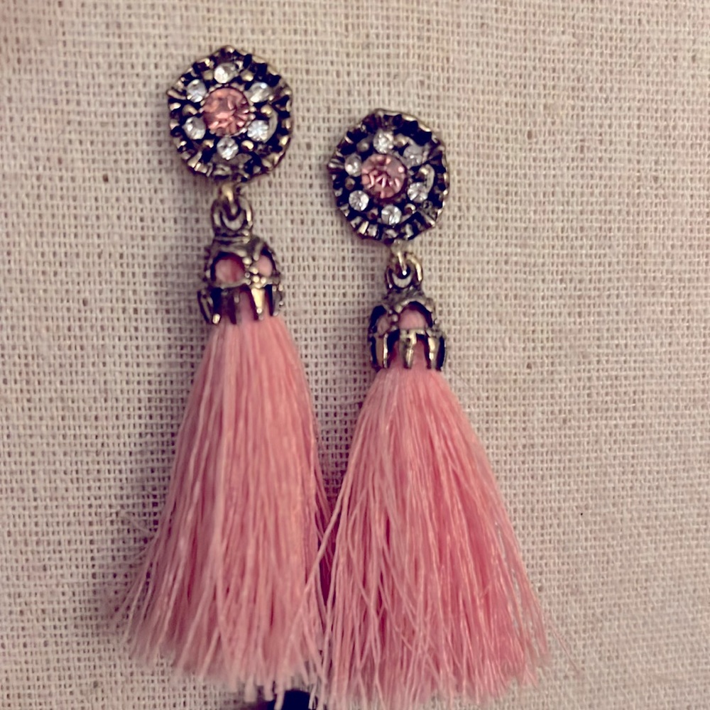 Light pink crystal and tassel earrings; baby pink fringe and diamond detail stud
